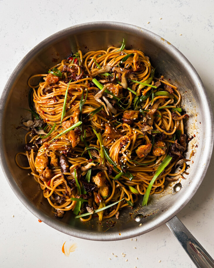 miso mushroom noodles in a skillet