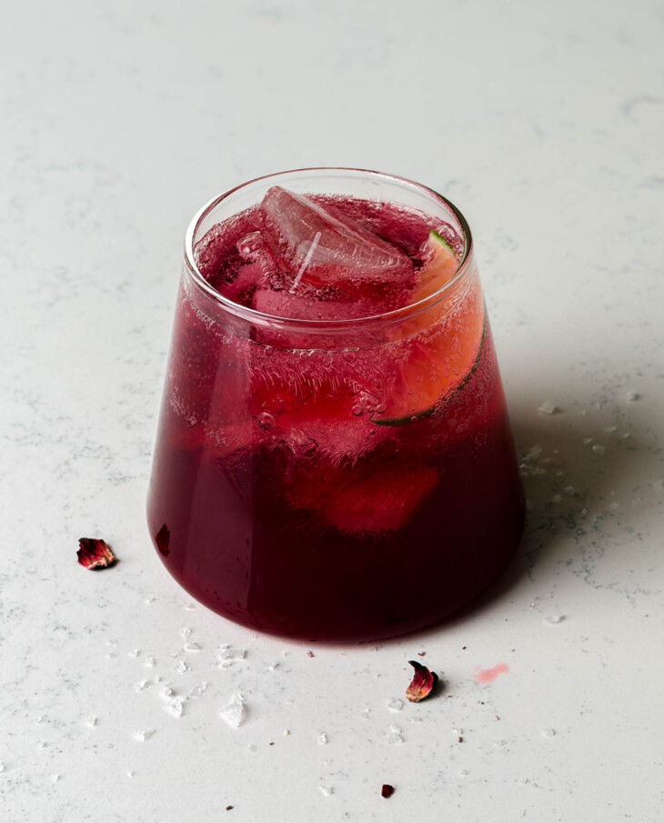 cherry hibiscus refresher in a glass cup