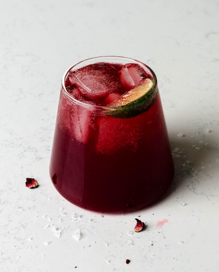cherry hibiscus refresher in a glass cup